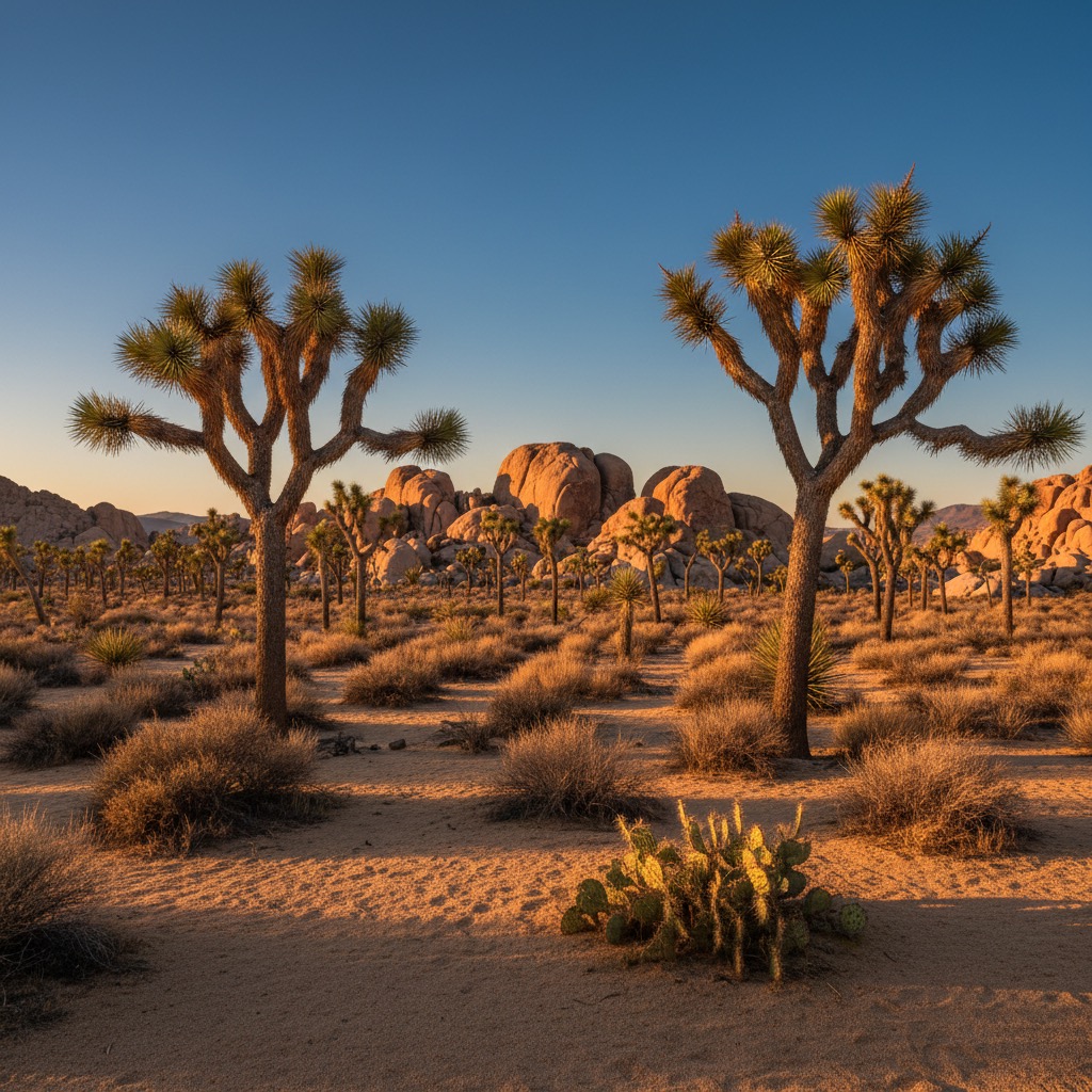 Two large Joshua trees stand in a desert landscape filled with scrub brush, cacti, and large rock formations under a clear blue sky at sunset.
